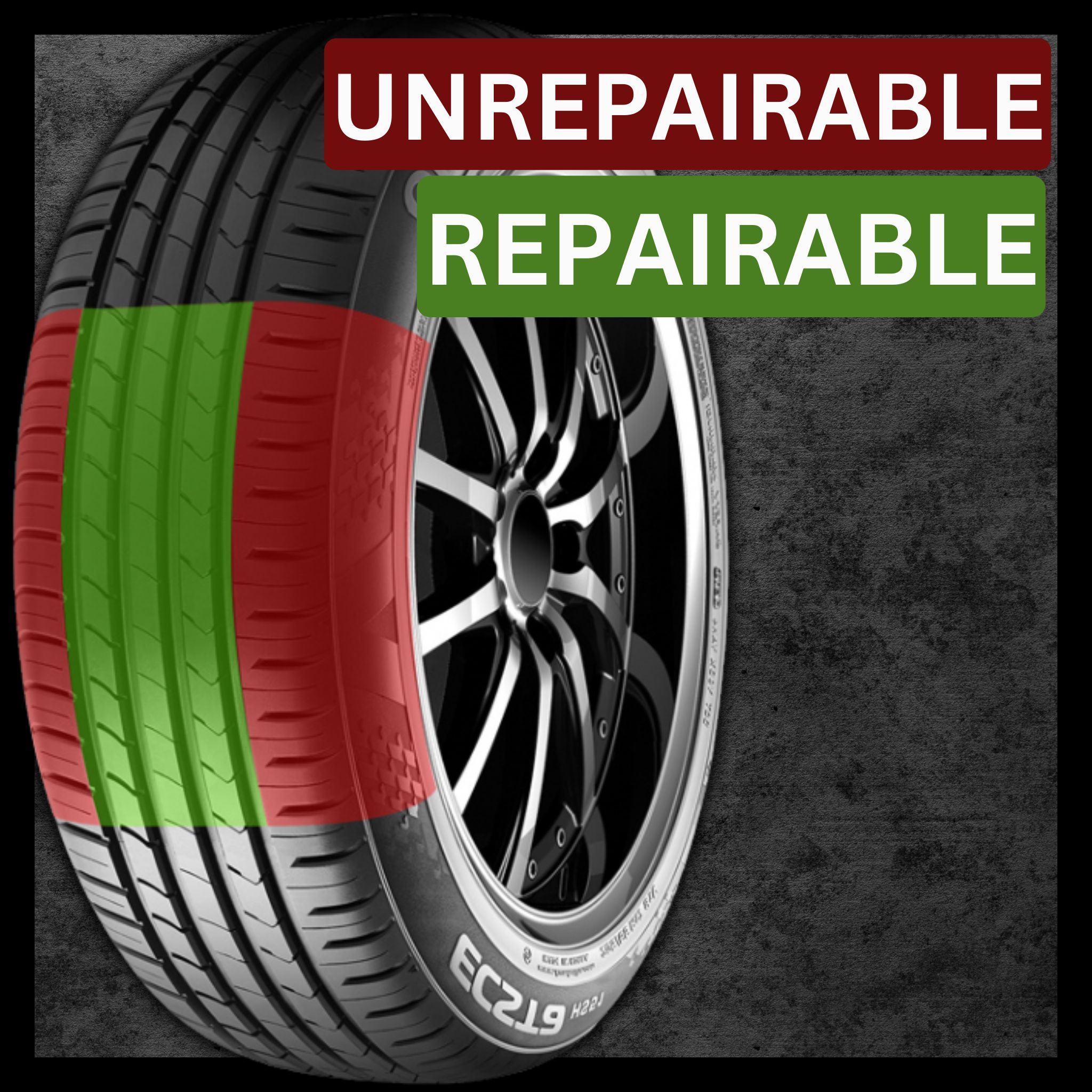 Diagram comparing a repairable tire puncture in the tread to non-repairable damage such as a nail near the sidewall, a rip or tear, or a blowout